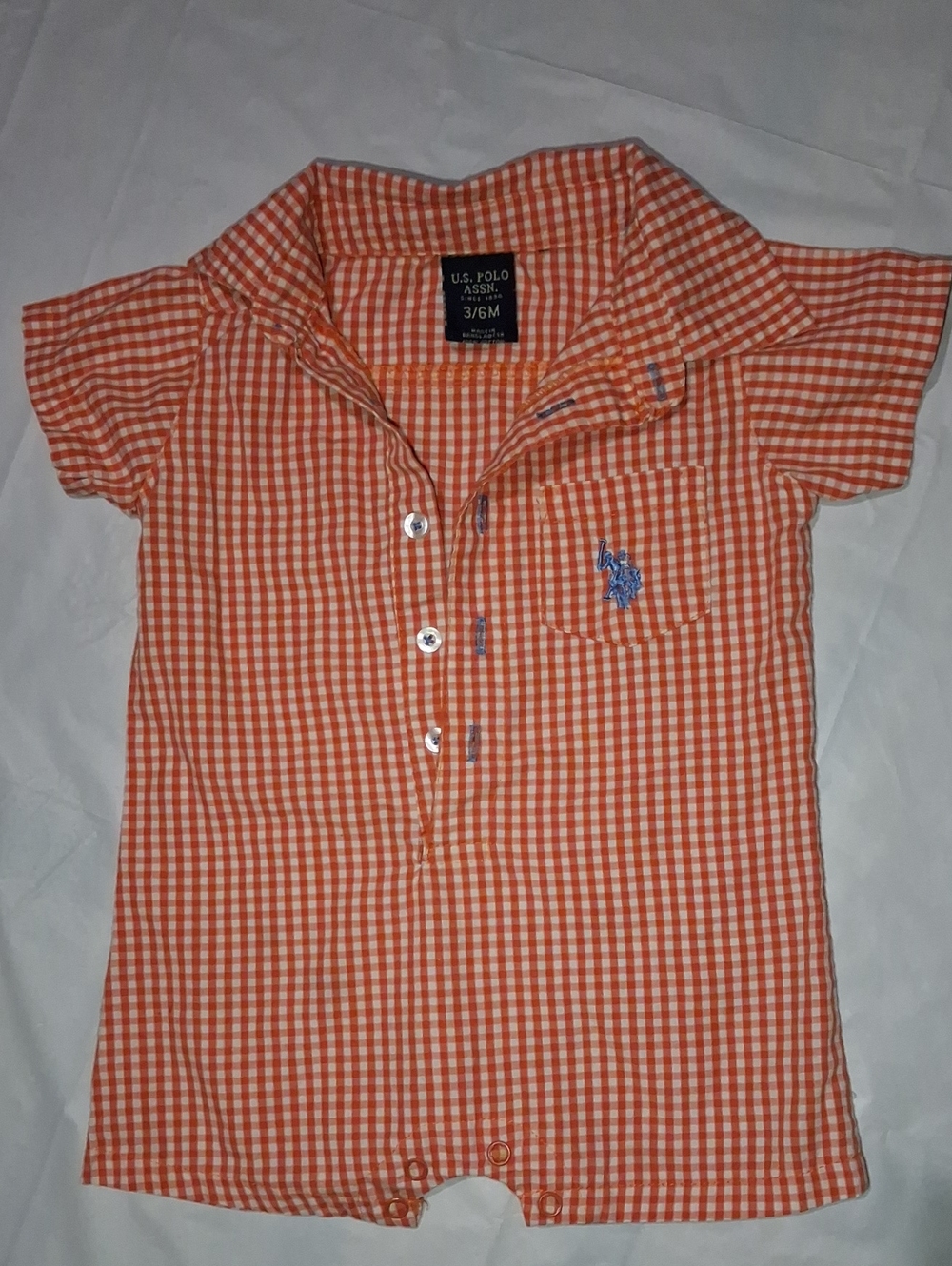 U.S. Polo Assn. Orange Gingham Button-Front Baby Romper